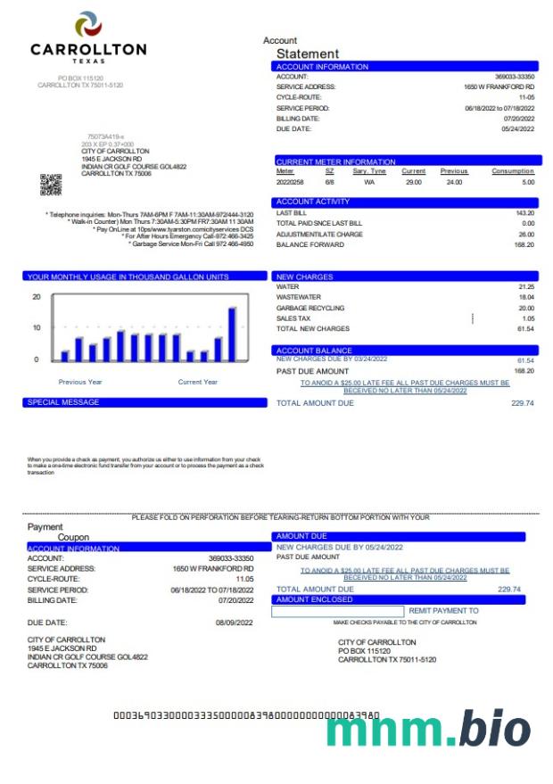 USA Texas Carrollton rachunek za media szablon w formacie Word i PDF